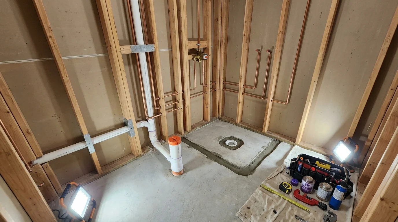 Bathroom rough-in plumbing during remodel by Johns Plumbing LLC in East Earl