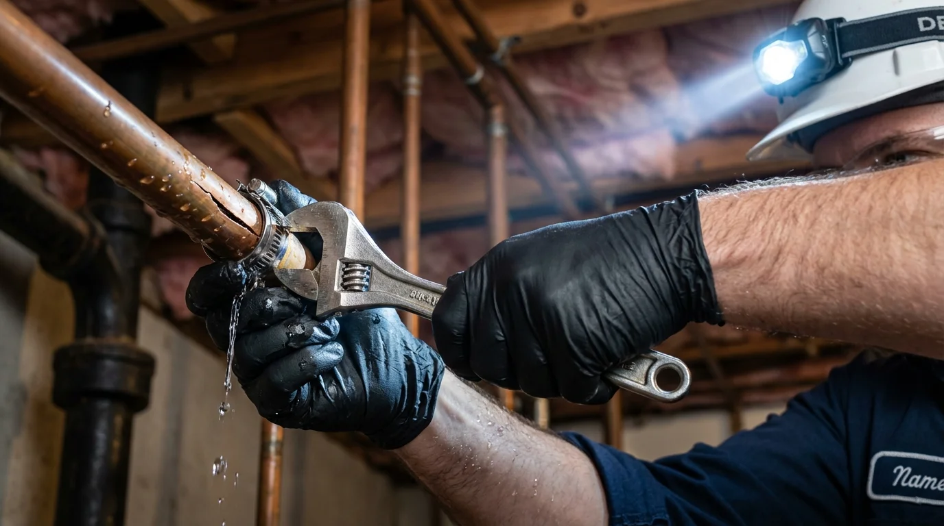 Emergency pipe clamp repair being performed by a Johns Plumbing LLC plumber in East Earl