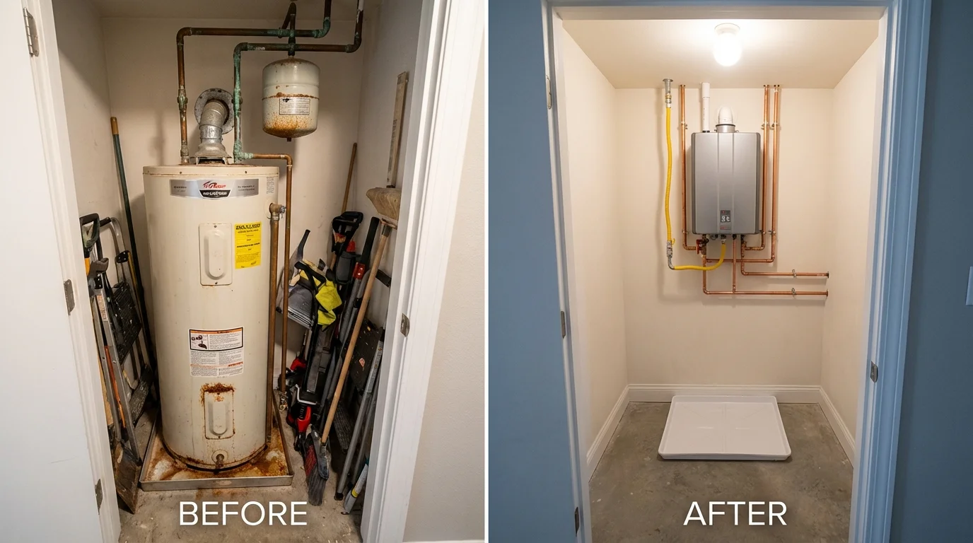 Tank water heater versus wall-mounted tankless unit comparison for East Earl, PA homeowners