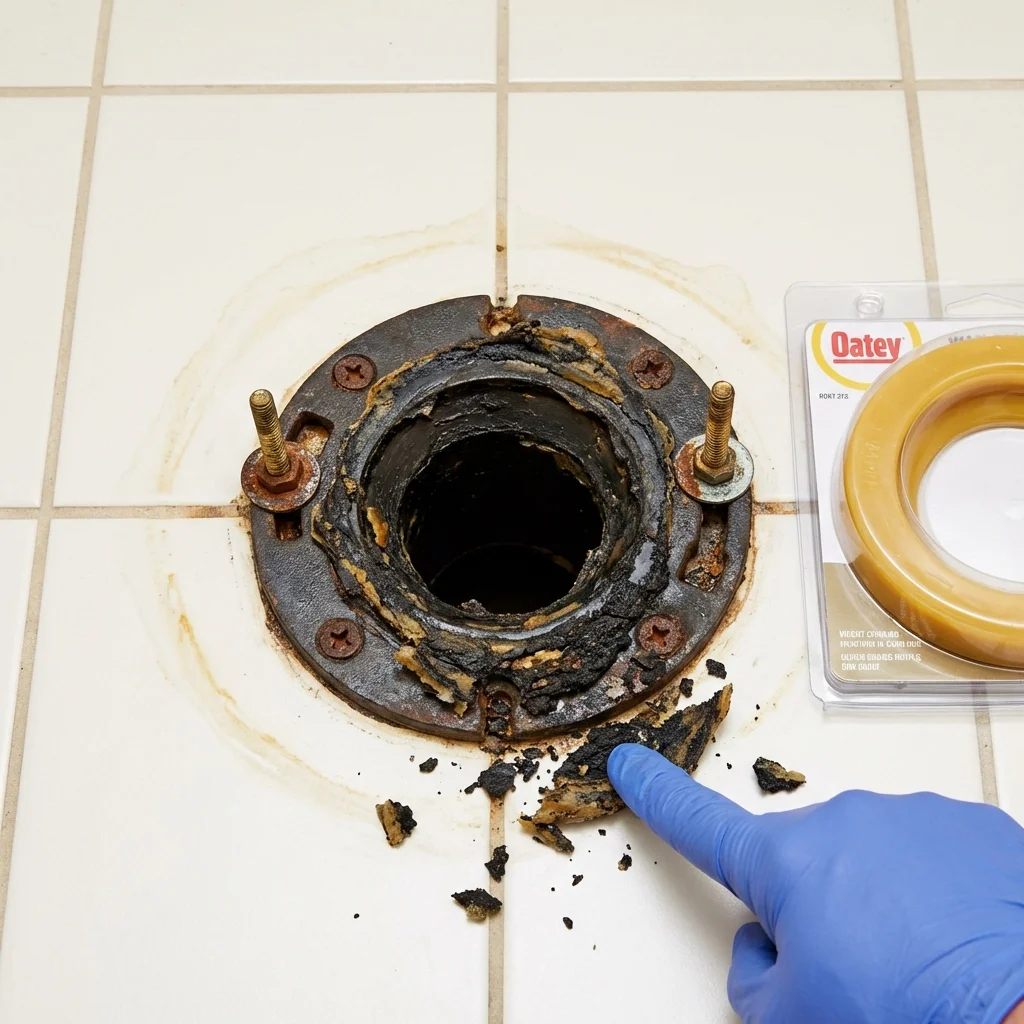 Failed wax ring showing water seepage at the base of a toilet in a East Earl, PA home