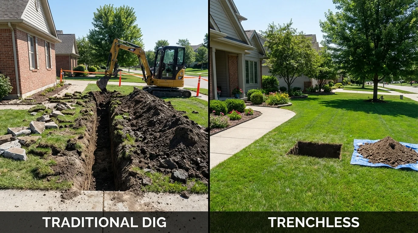 Trenchless sewer repair with minimal yard damage versus traditional excavation in East Earl, PA