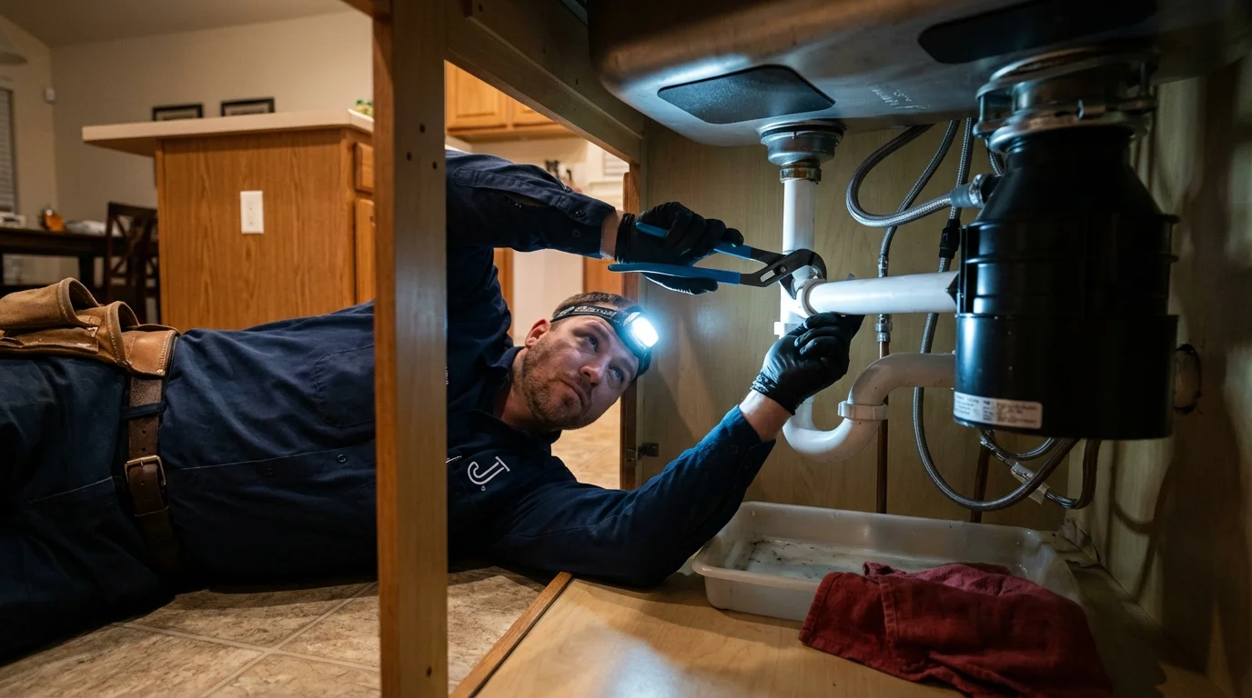 P-trap and supply line connections under a kitchen sink showing a common leak point in East Earl, PA